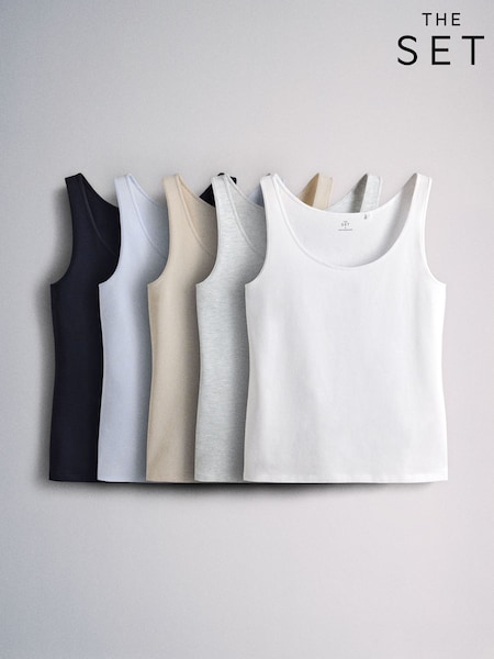 Stone/Grey Marl/Dark Navy Blue/Light Blue/White - The Set 5 Pack Scoop Neck Wide Strap Vests