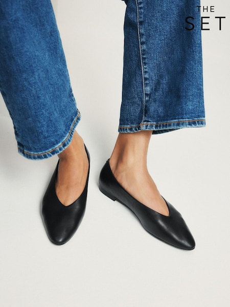 Schwarzes Leder - The Set Almond Toe Ballet Flats
