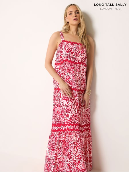 long sally dresses LTS Tall Women's Navy Blue Floral Embroidered Cotton Maxi Dress