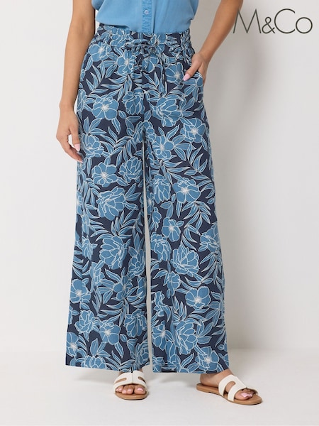 Blue - M&co Printed Wide Leg Trousers