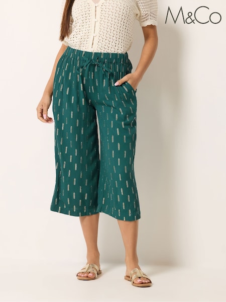 أزرق - M&co Petite Foil Cropped Wide Leg Trousers