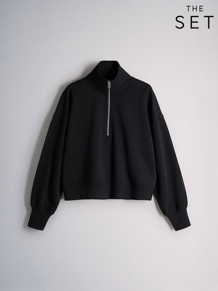 Black - The Set Half Zip Funnel Neck Sweater