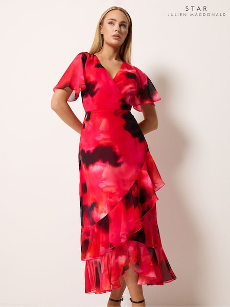 Roșu - Star By Julien Macdonald Blurred Floral Tiered Wrap Dress