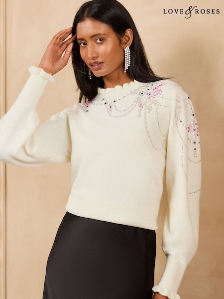 Ivory - Love & Roses Embellished Frill Neck Knitted Jumper