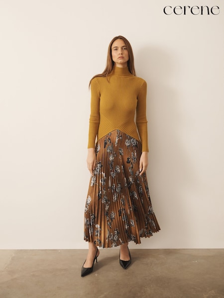 Orchre Yellow Cerenity Floral Print - Cerene Long Sleeve Knit Bodice Pleated Skirt Dress