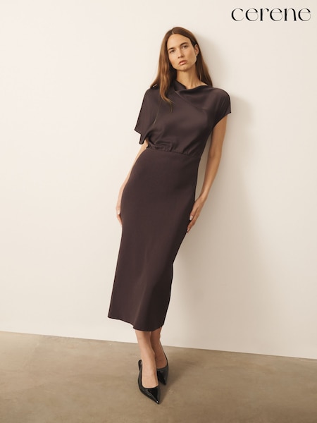 Chocolate Brown - Cerene 2 In1 Drape Satin Top Knitted Dress