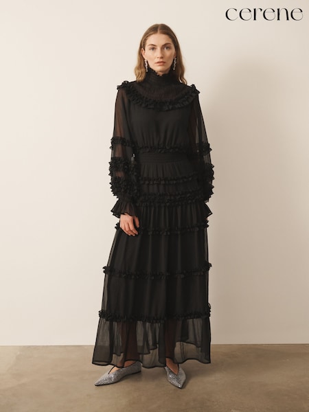 কালো - Cerene Long Sleeve Tiered Ruffle Maxi Dress