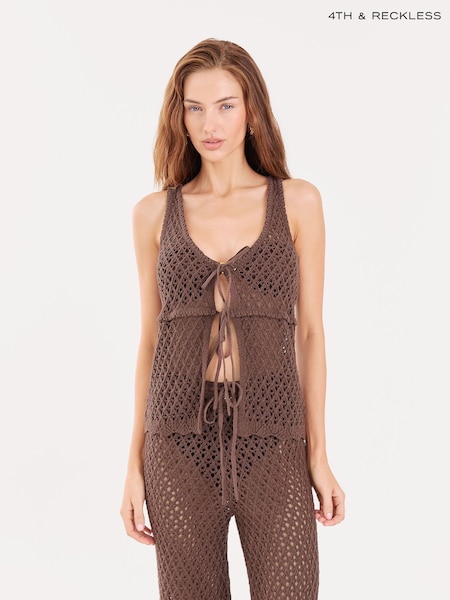 Brązowy - 4th & Reckless Tie Front Knitted Top