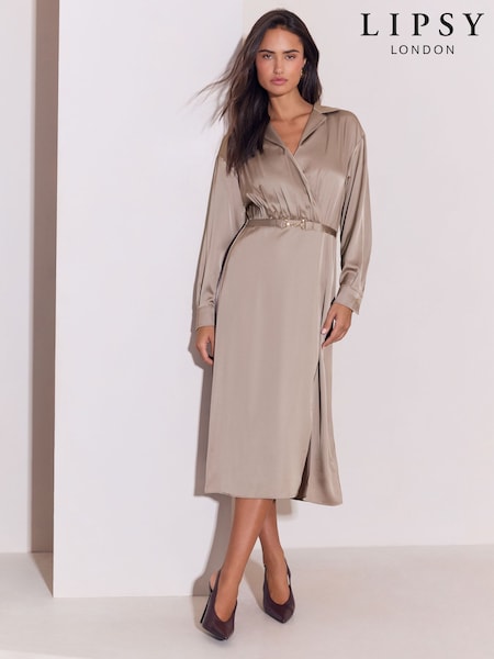 Champagne Gold - Lipsy Satin Long Sleeve Belted Gold Buckle Detail Midi Dress