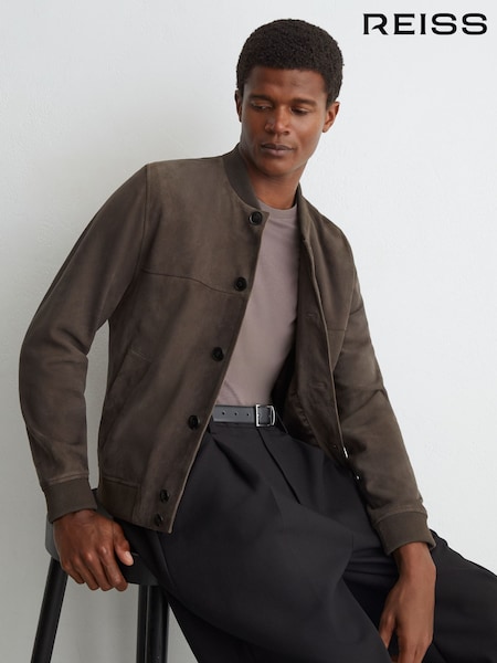 Marrom cogumelo - Regular Reiss Mountford Suede Button-through Bomber Jacket