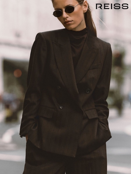 Chocolate Brown - Reiss Dawson Wool-blend Herringbone Double-breasted Blazer
