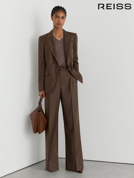Mocha Brown - Reiss Derby Wool-blend Wide-leg Drawstring Trousers