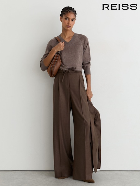 Mocha Brown - Reiss Derby Wool-blend Wide-leg Drawstring Trousers