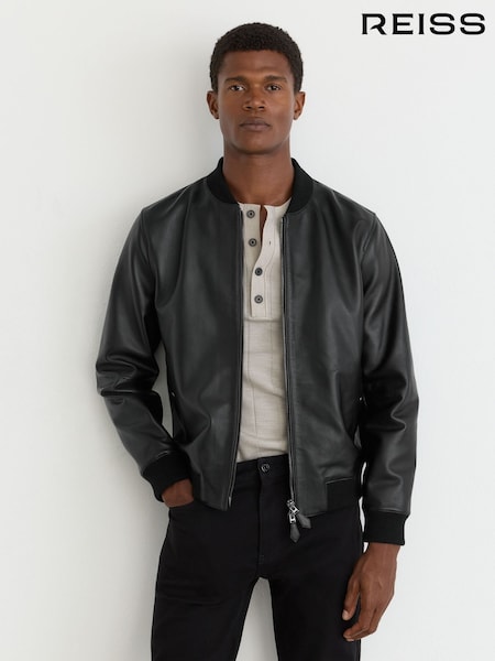 Black - Regular Reiss Strain Leather Bomber Jacket