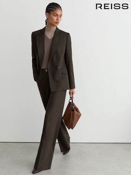 Chocolate Brown - Reiss Dawson Wool-blend Herringbone Wide-leg Trousers