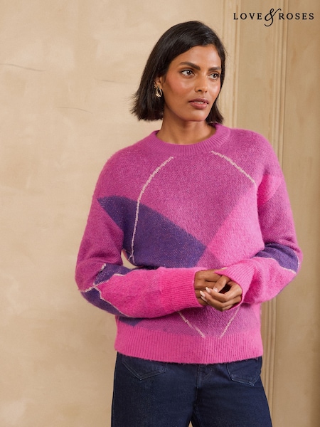 Purple - Love & Roses Argyle Cosy Crew Neck Knitted Jumper
