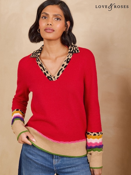 Red Leopard Print - Love & Roses Knitted Collared Jumper