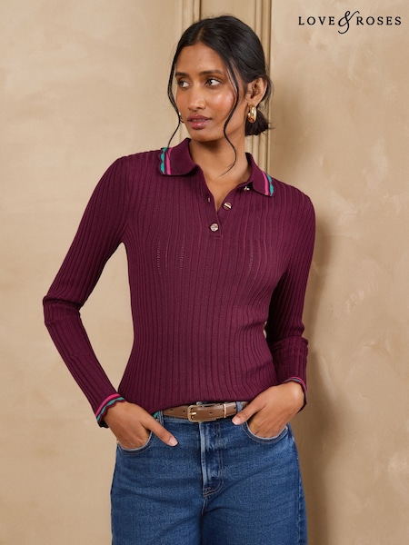 Burgundy Red - Love & Roses Collar Detail Long Sleeve Knitted Top