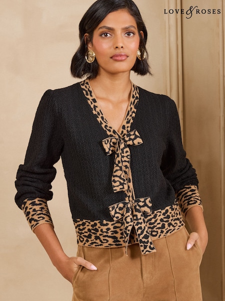 Black - Love & Roses Leopard Bow V-neck Knitted Cardigan