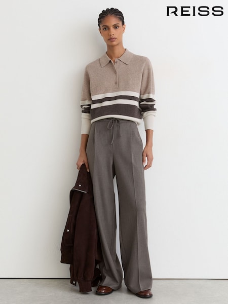 محايد/بني شوكولاتة محايد/بني شوكولاتة - Reiss Bronte Wool-blend Rugby-stripe Polo Top With Cashmere