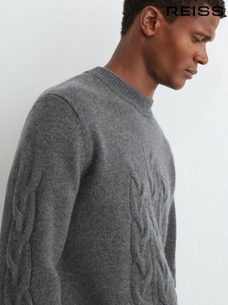 Vidēji pelēka melanža - Regular Reiss Rosedale 100% Cashmere Cable Knit-detail Jumper