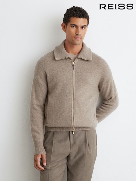 Taupe Melange - Regular Reiss Pendant 100% Cashmere Zip-through Cardigan