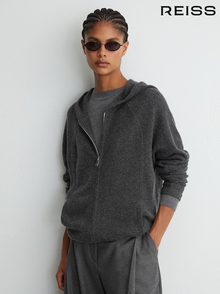 Charcoal Grey - Reiss Evie Wool-blend Zip-through Hoodie With Cashmere