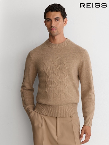 Camel - Regular Reiss Rosedale 100% Cashmere Cable Knit-detail Jumper