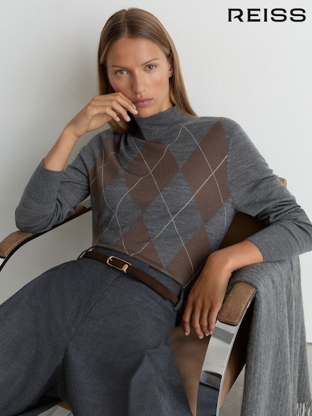 Grey - Reiss Sage Wool Argyle Funnel-neck Jumper