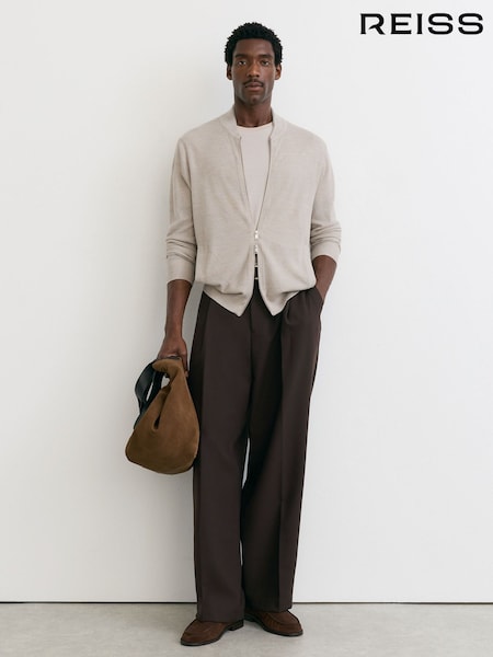 Stone Mouline - Regular Reiss Petersham Merino Wool Textured Bomber Cardigan