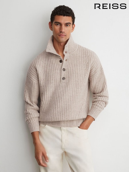 Oatmeal - Regular Reiss Marske 100% Cashmere Rib-knit Half-button Jumper