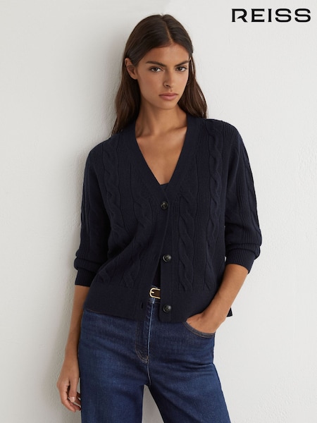 Marineblau - Reiss Elowen Wool-cashmere Cable-knit Cardigan