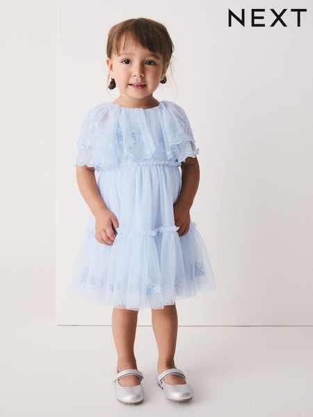 Pastel Blue - Embroidered Mesh Cape Occasion Dress (3mths-8yrs)