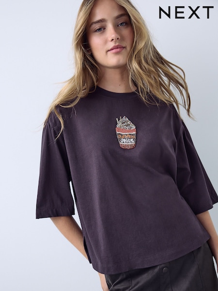 Schokoladenbraun - Short Sleeve Beaded Elbow Sleeve Crew Neck T-shirt