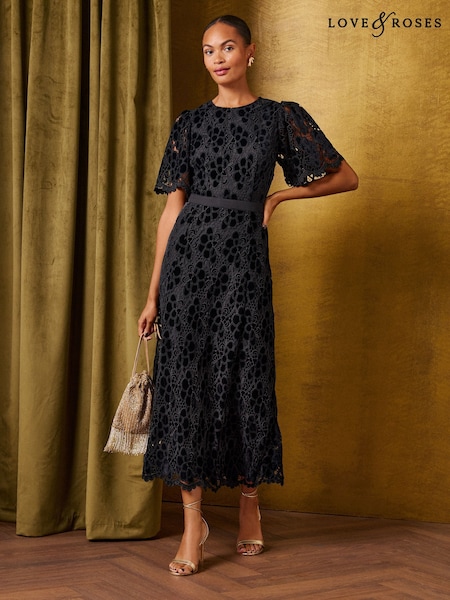 Black Velvet - Love & Roses Lace Angel Sleeve Midi Dress