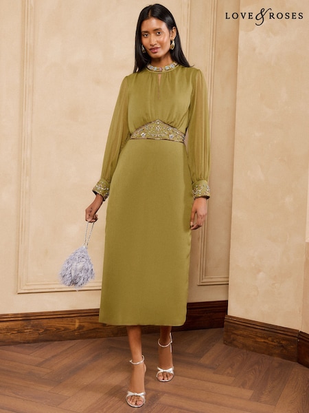 Lime Green - Love & Roses Embellished Column Midi Dress