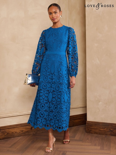Cobalt Blue - Love & Roses Long Sleeve Lace Midi Dress