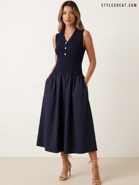 블루 - Style Cheat 2 In 1 Knit Bodice Compact Full Skirt Dress