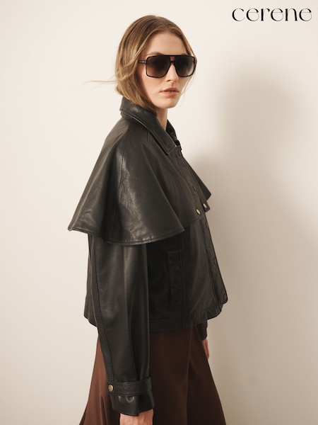 Black - Cerene Real Leather Short Trench Jacket
