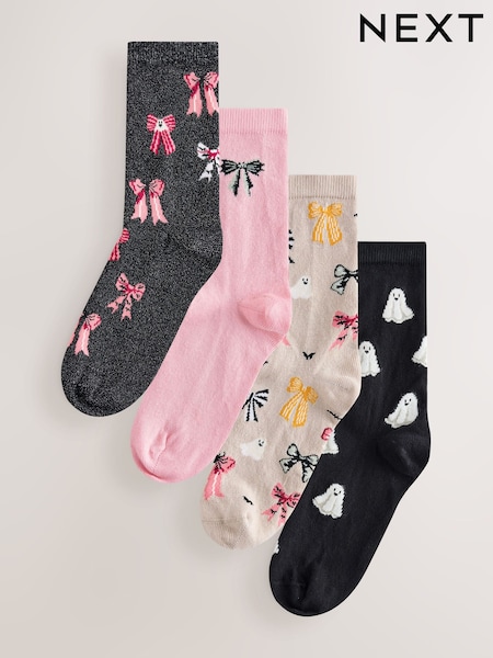 Black/Pink - Halloween Patterned Ankle Socks 4 Pack