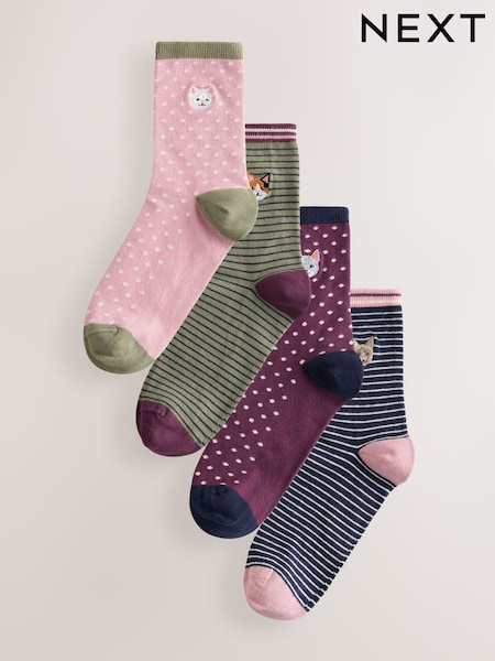 Novelty Cats - Embroidered Motif Stripe Ankle Socks 4 Pack