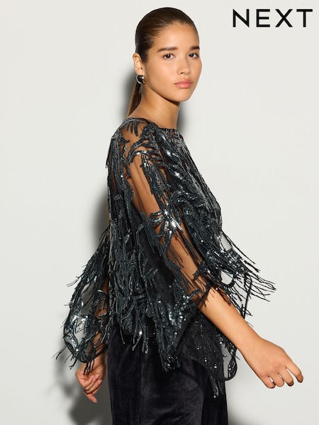 Negro/plateado - Tassel Embellished Long Sleeved Cape Top