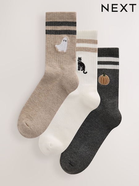 Halloween Embroidered Icons - Cushion Sole Ribbed Sport Ankle With Arch Support Socks 3 Pack