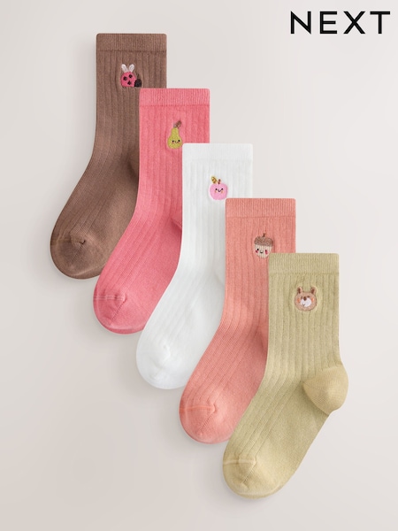 Green Orange White and Brown - Cotton Rich Ankle Embroidered Character Socks 5 Pack