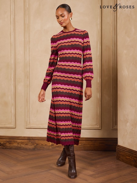 Burgundy Red - Love & Roses Zig Zag Striped Sparkle Detail Knitted Crew Neck Midi Dress