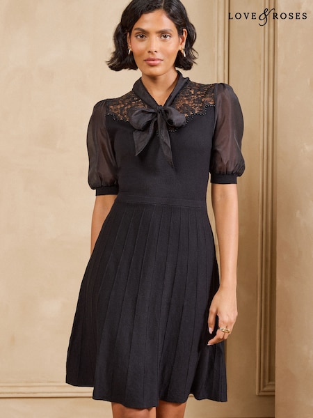 Black - Love & Roses Tie Neck Woven Sleeve Sequin Detail Knitted Mini Dress