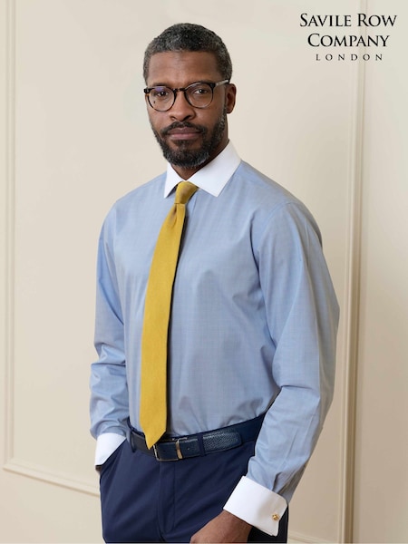 أزرق - Regular Classic Fit Prince Of Wales Check Non-iron Double Cuff Formal Shirt