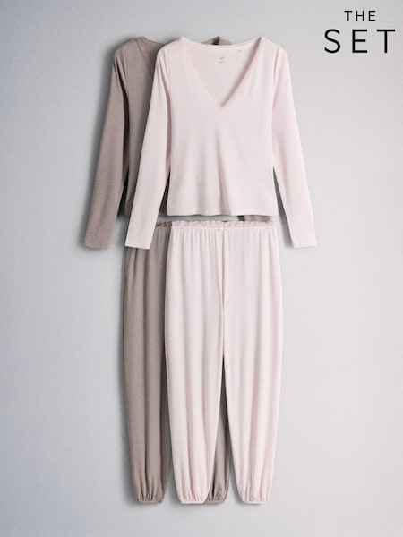Çəhrayı - The Set 2 Pack Soft Rib Lace V-neck Top And Balloon Pant Pyjamas Set