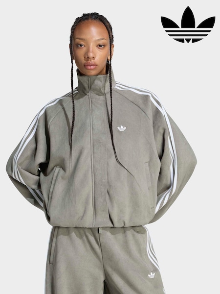 Olive Green - Adidas Originals Funnel Neck Faux Suede Jacket
