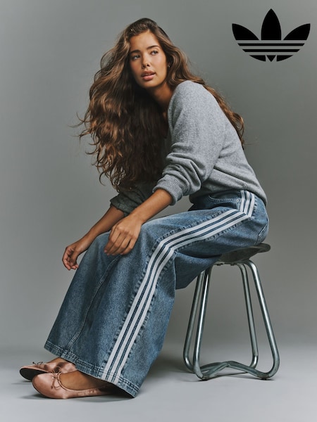 Blue Denim - Adidas Originals 3 Stripe Wide Leg Denim Jeans